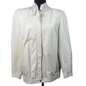 Vintage80s Women's Large White Leather Jacket Bomber Mock Collar Back Stitch
